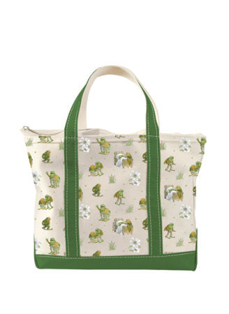 Large zippered market tote bag with green frog print, green trim and handles