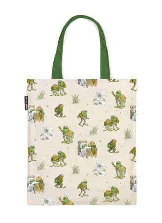 Frog and Toad tote bag, off-white canvas with green frog and toad print and flowers