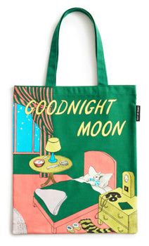 Green tote bag with colorful Goodnight Moon print and top handles