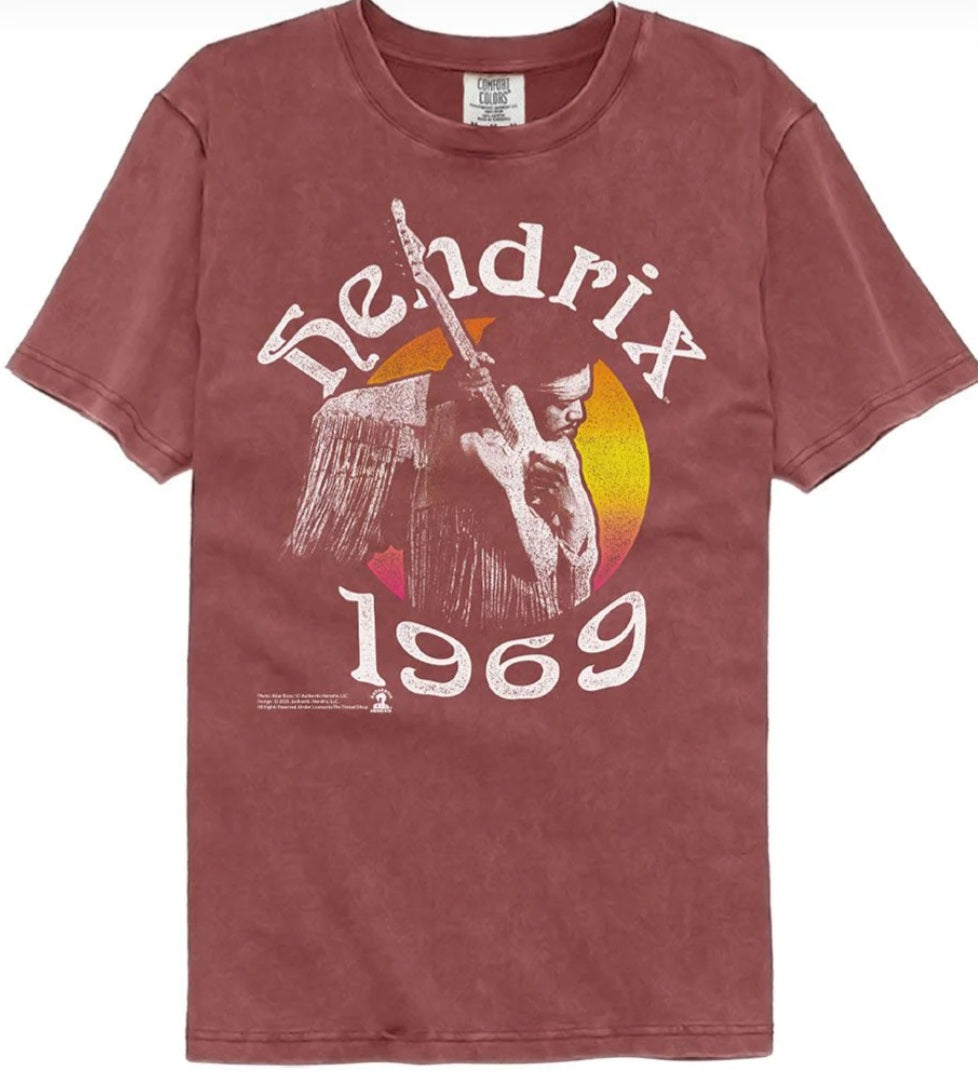 Brick red crewneck T-shirt with Jimi Hendrix '1969' graphic and guitar
