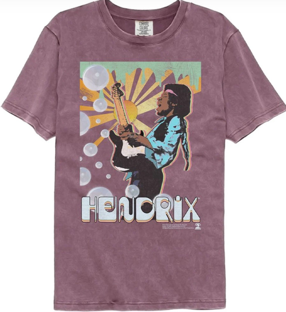 Berry purple graphic T-shirt with musician illustration and Hendrix text on front