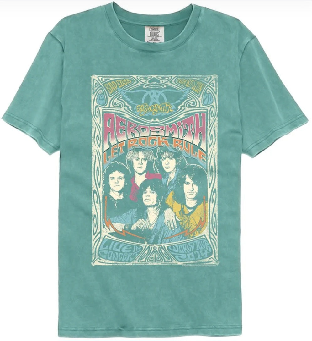 Seafoam green crewneck T-shirt with Aerosmith front graphic print