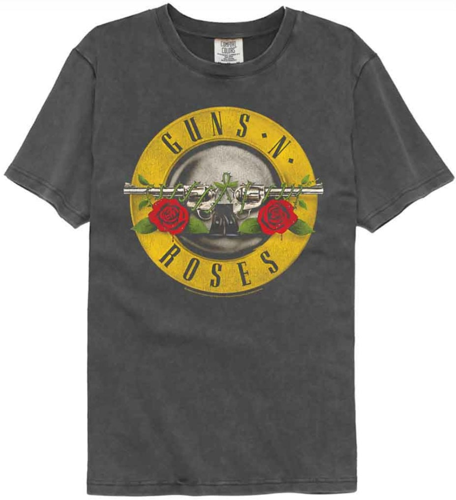 Dark gray crewneck graphic T-shirt with Guns N' Roses logo and roses