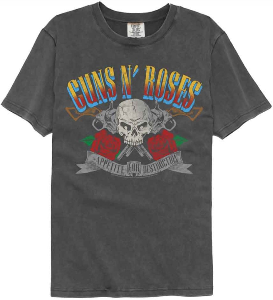 Dark gray T-shirt with Guns N' Roses skull and "Appetite for Destruction" graphic