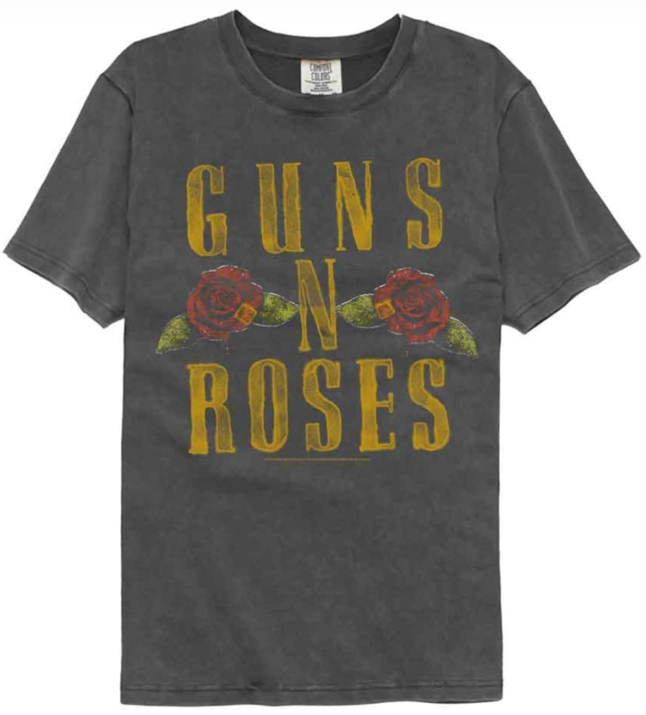Dark gray graphic crew-neck T-shirt with Guns N' Roses text and roses front