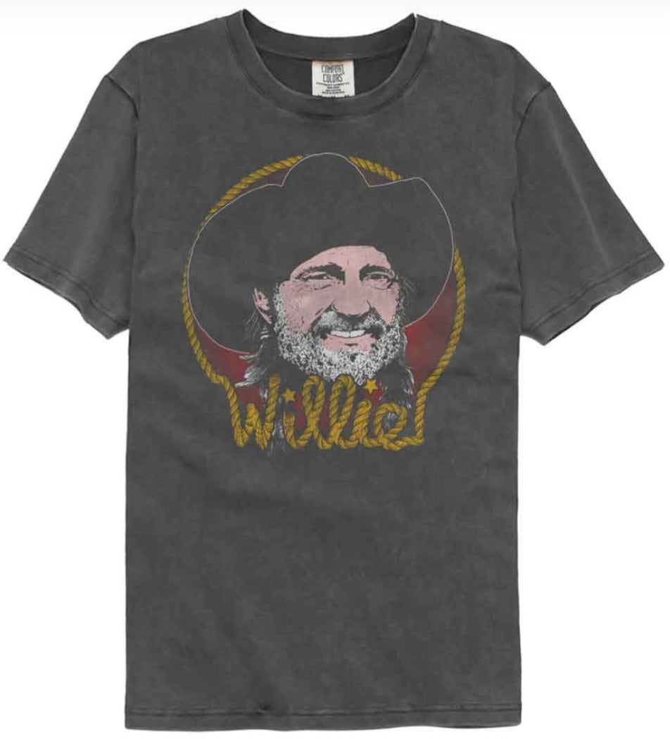 Dark gray crew-neck T-shirt with Willie Nelson lasso graphic print
