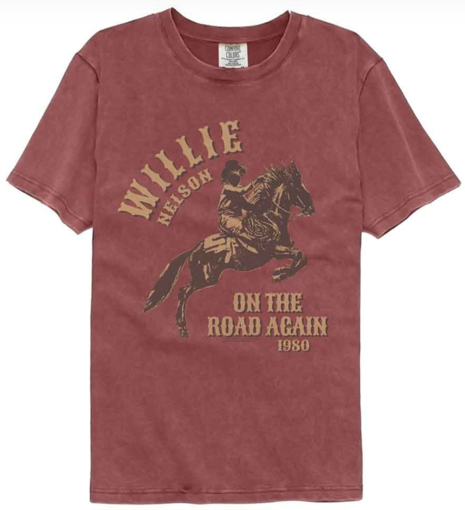Brick red T-shirt with vintage cowboy graphic and text print