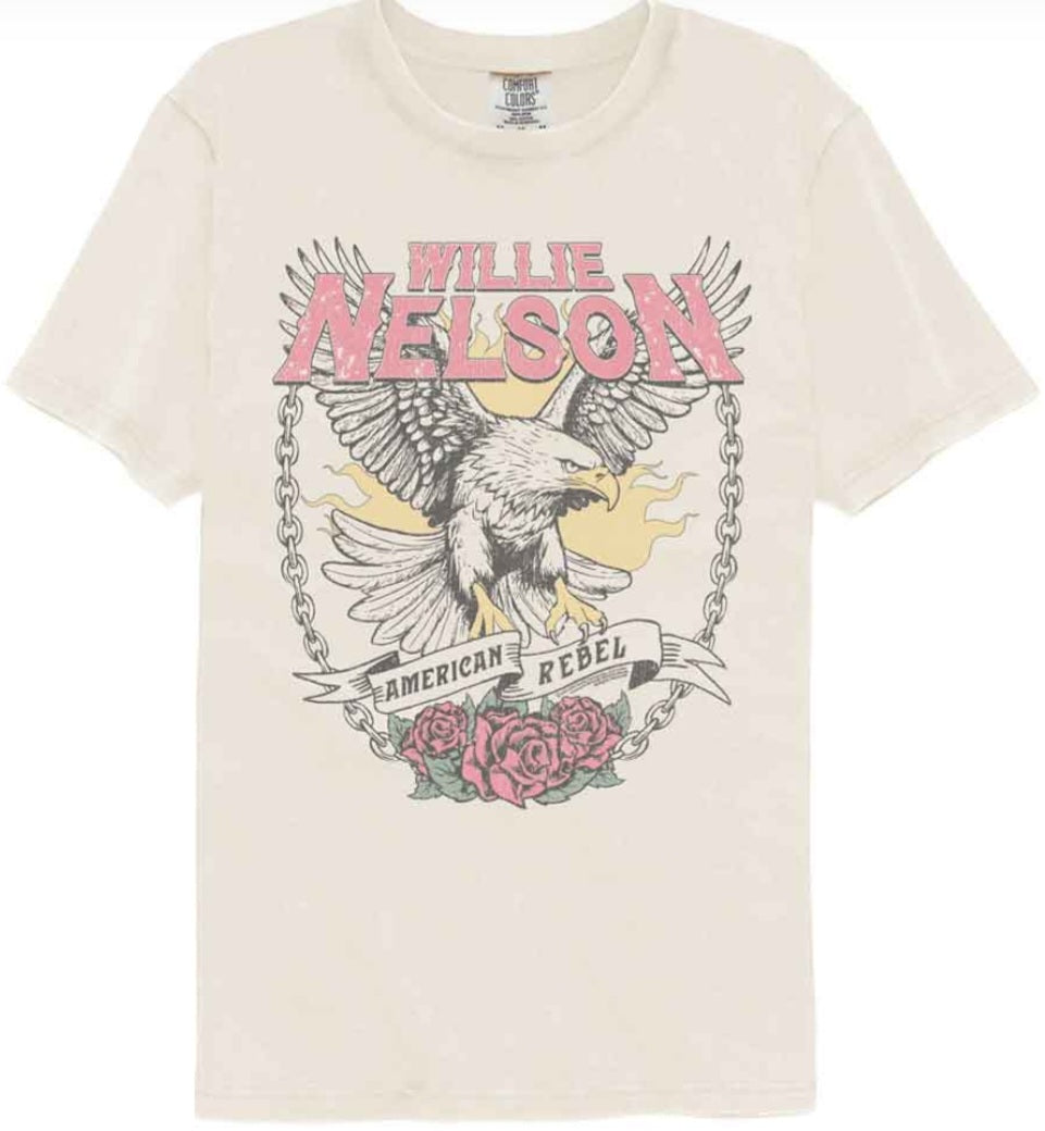 Ivory graphic T-shirt with Willie Nelson emblem, eagle and chains, crew neck