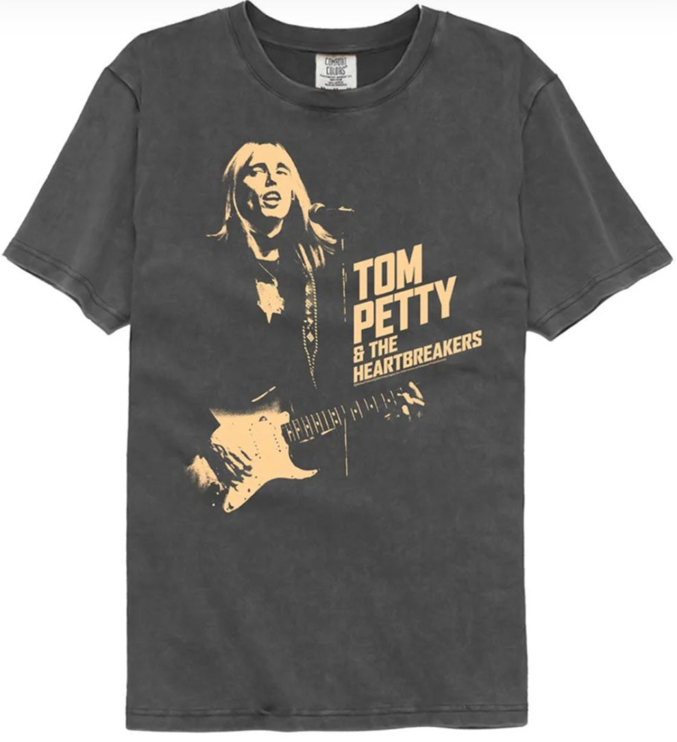 Dark gray crewneck T-shirt with yellow Tom Petty & the Heartbreakers graphic