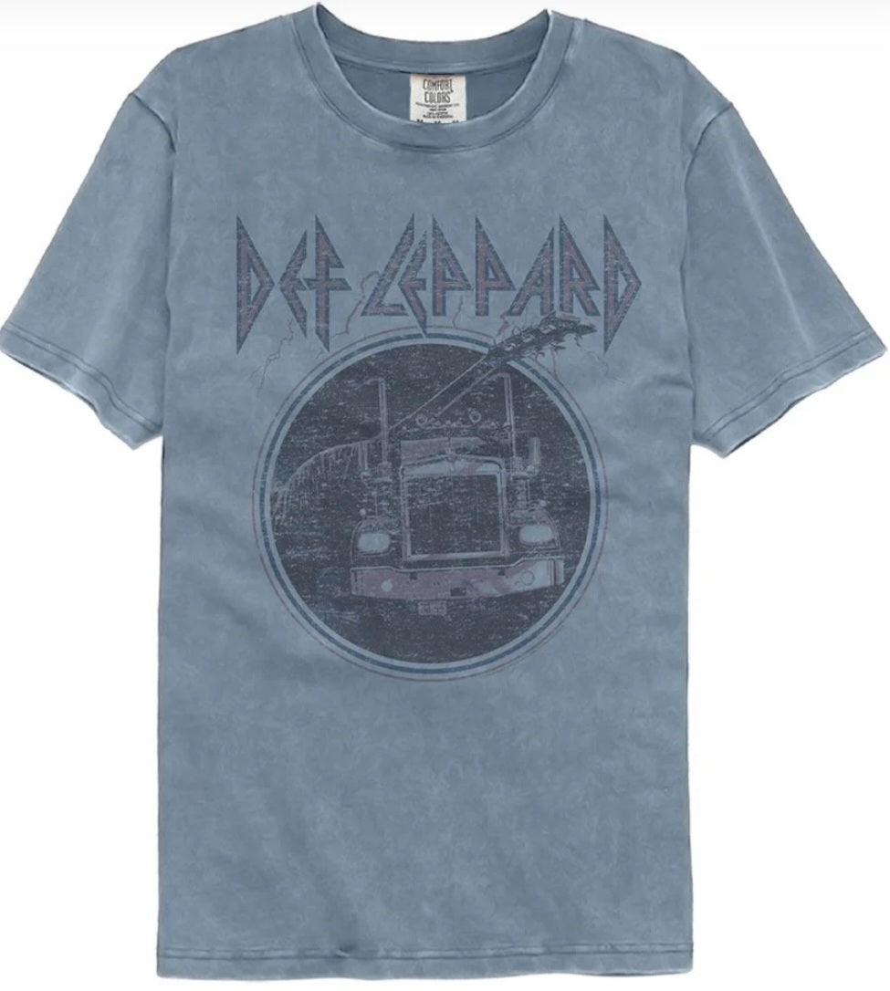 Blue short-sleeve crewneck T-shirt with front band logo and circular graphic
