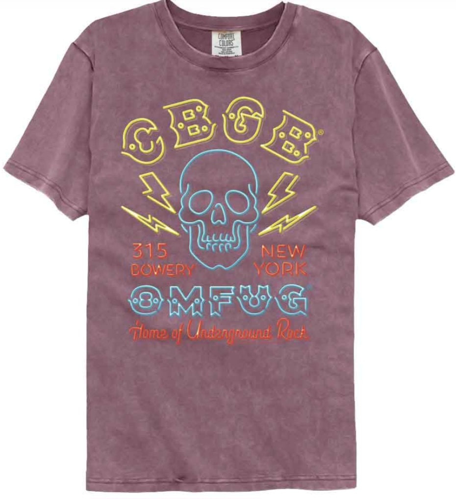 Comfort Colors berry crewneck T-shirt with skull front graphic and neon lettering