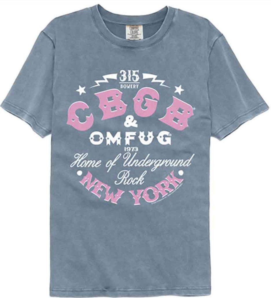 Blue crewneck short-sleeve T-shirt with large CBGB & OMFUG graphic front