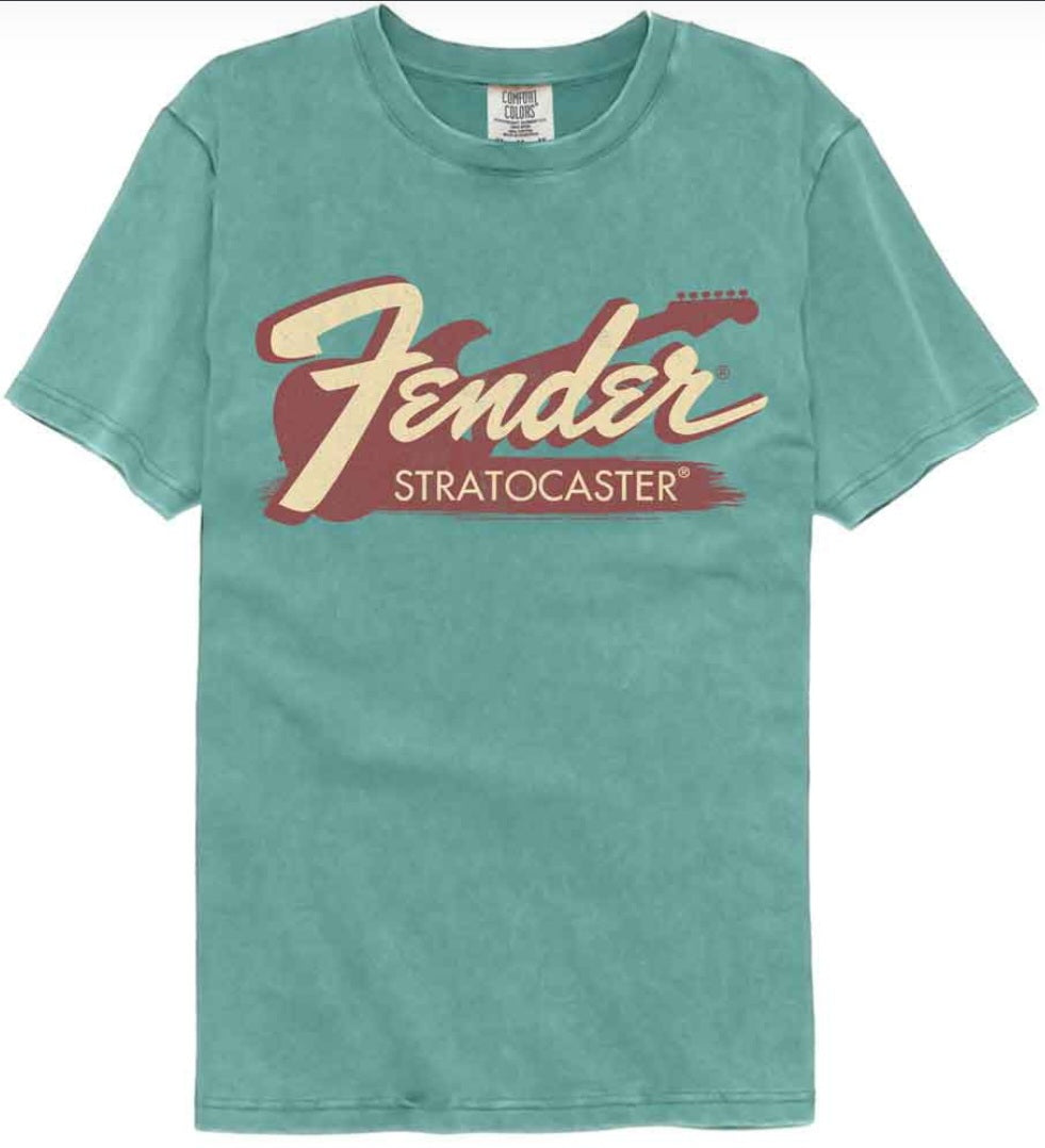 Seafoam green T-shirt with Fender 7ender Stratocaster graphic on the front