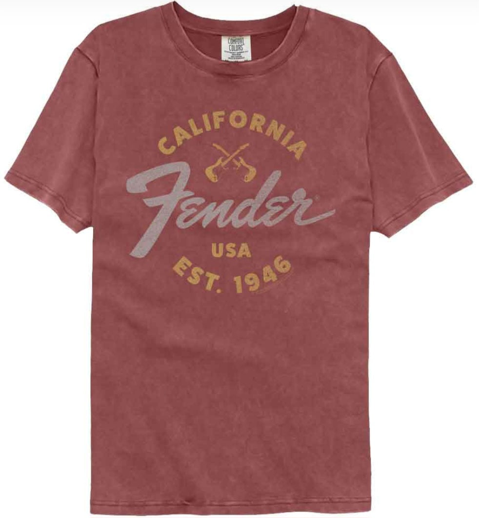 Brick red graphic T-shirt with Fender California USA logo on front