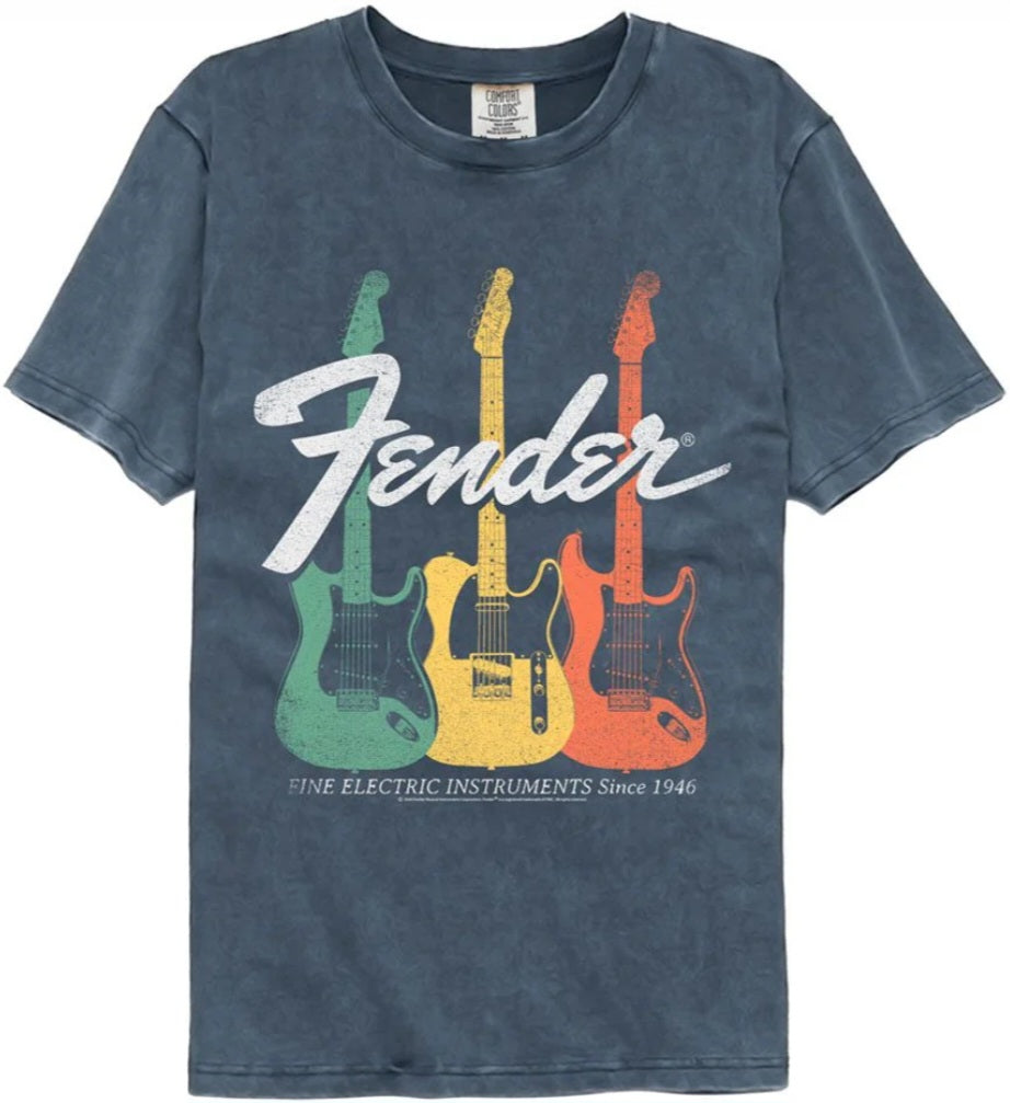 Blue graphic Fender guitars T-shirt with multiple electric guitars front print