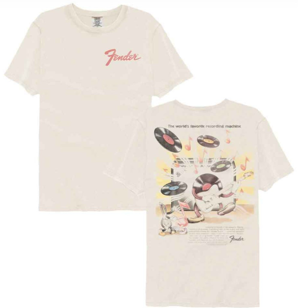 Ivory T-shirt set: small red Fender logo on one, large record-themed graphic on the other