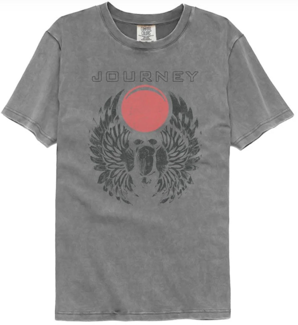 Gray T-shirt with JOURNEY text and red circle eagle graphic, crew neck