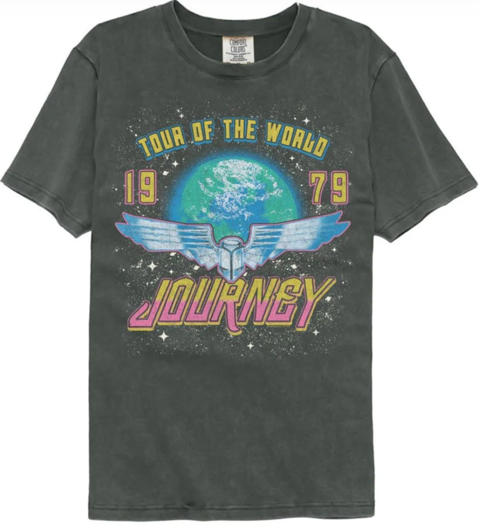 Comfort Colors Journey T-shirt, dark gray with globe and wings graphic