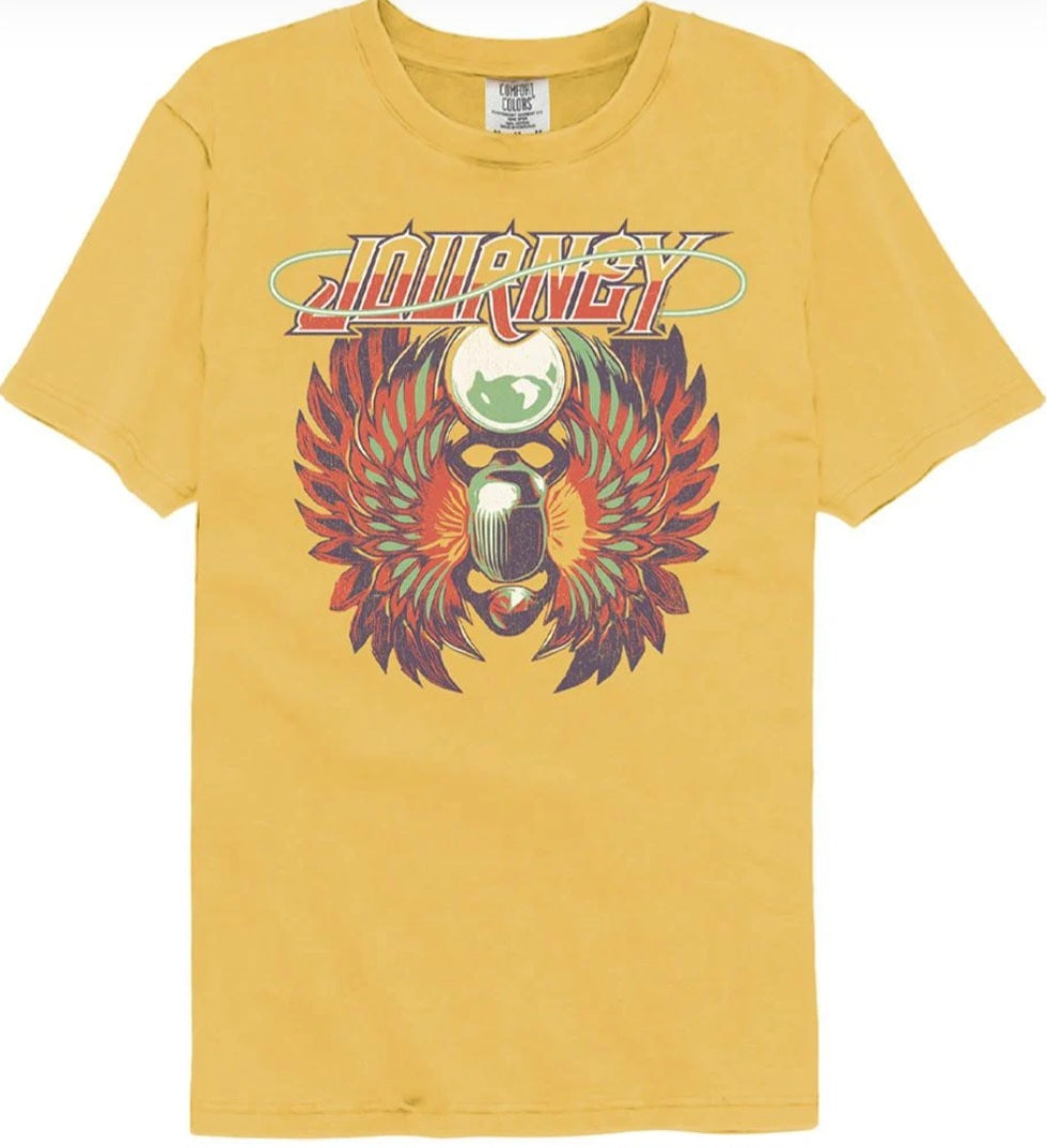 Mustard yellow T-shirt with Journey eagle graphic on chest, crew neck short sleeves