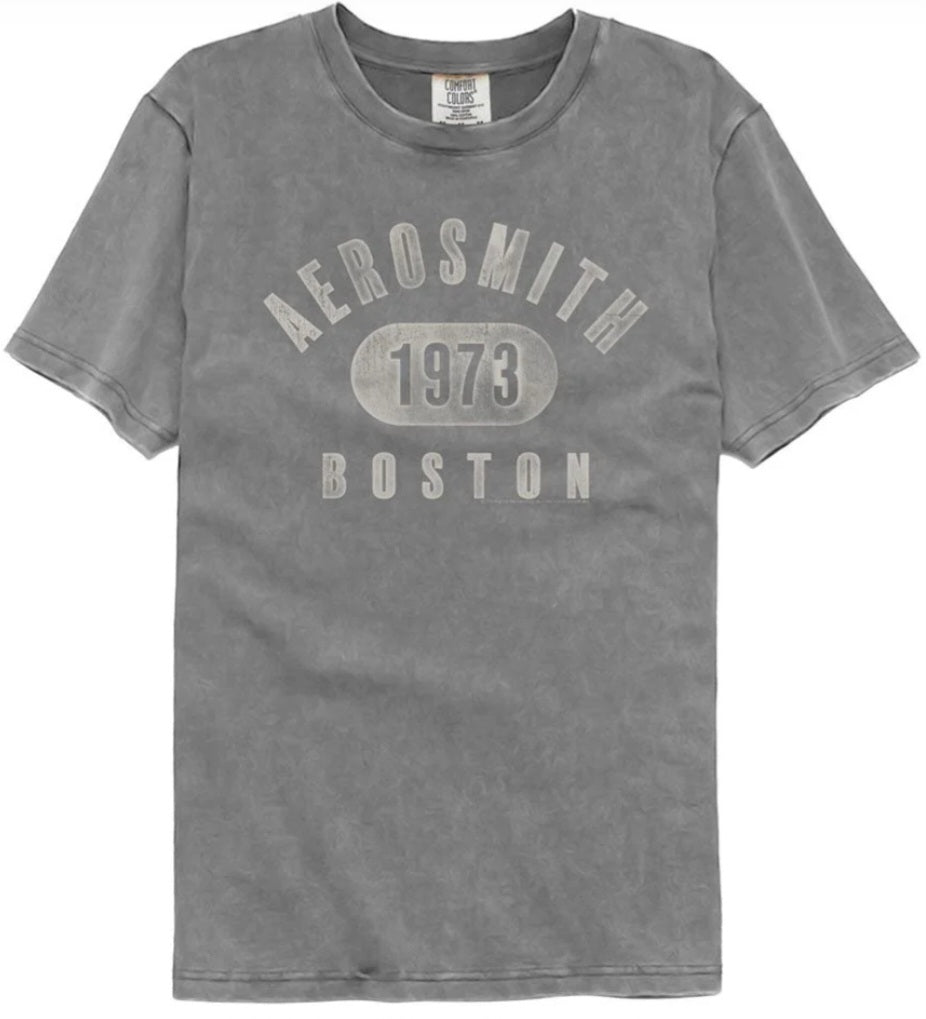 Gray crew-neck short-sleeve T-shirt with Aerosmith Boston 1973 graphic