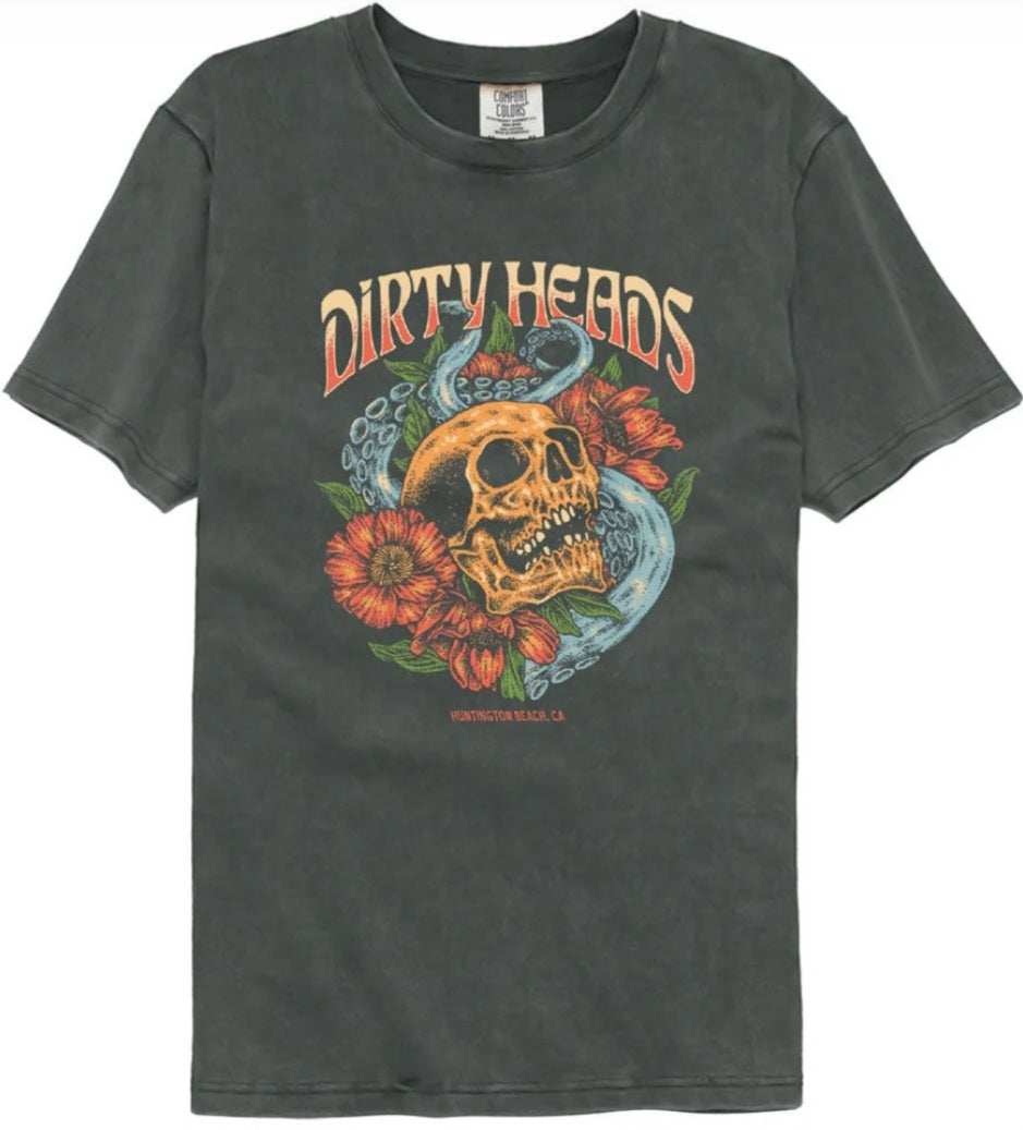 Charcoal graphic T-shirt with Dirty Heads logo, skull with flowers, short sleeves