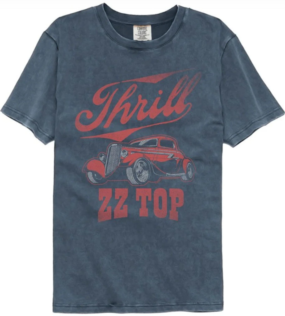 Dark blue T-shirt with red Thrill and ZZ Top graphic front, crew neck short sleeves