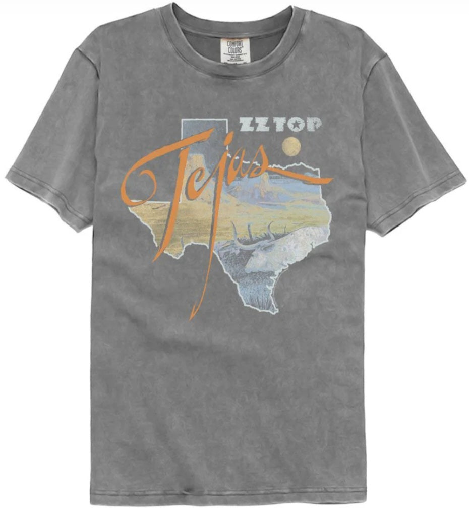 Gray crew-neck short-sleeve graphic T-shirt with orange and yellow front print