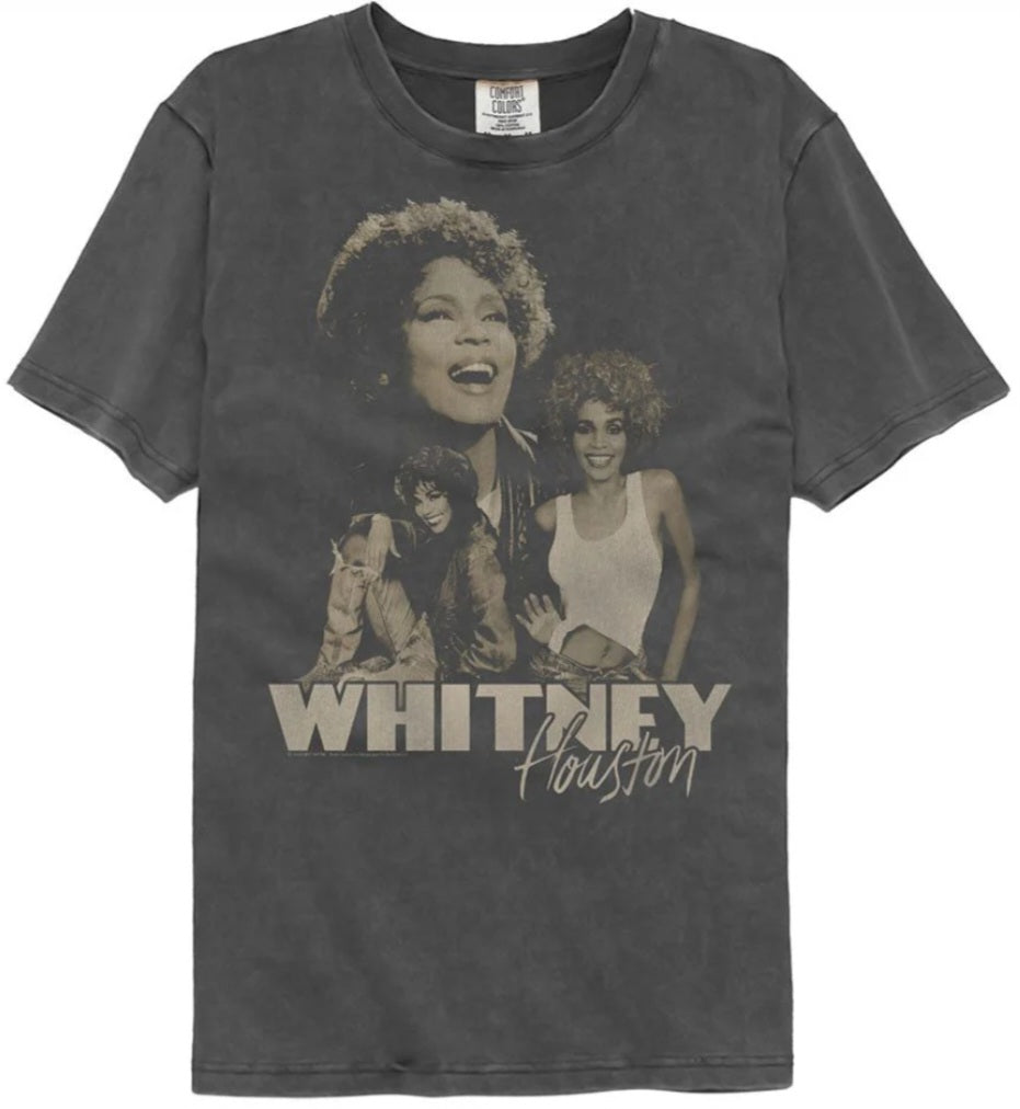Dark gray crewneck graphic T-shirt with Whitney Houston photo and WHITNEY/Houston text