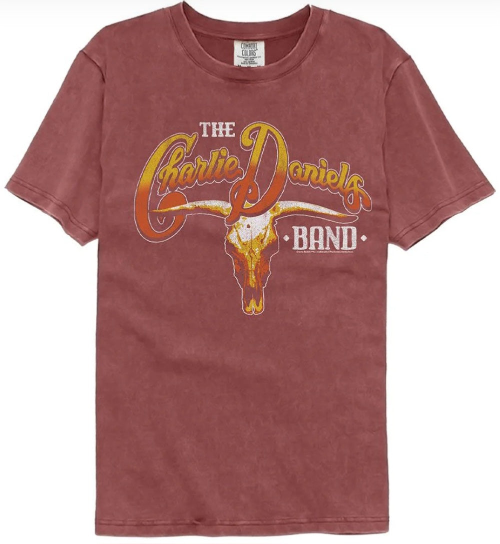 Brick red crewneck T-shirt with Charlie Daniels Band guitar graphic on front