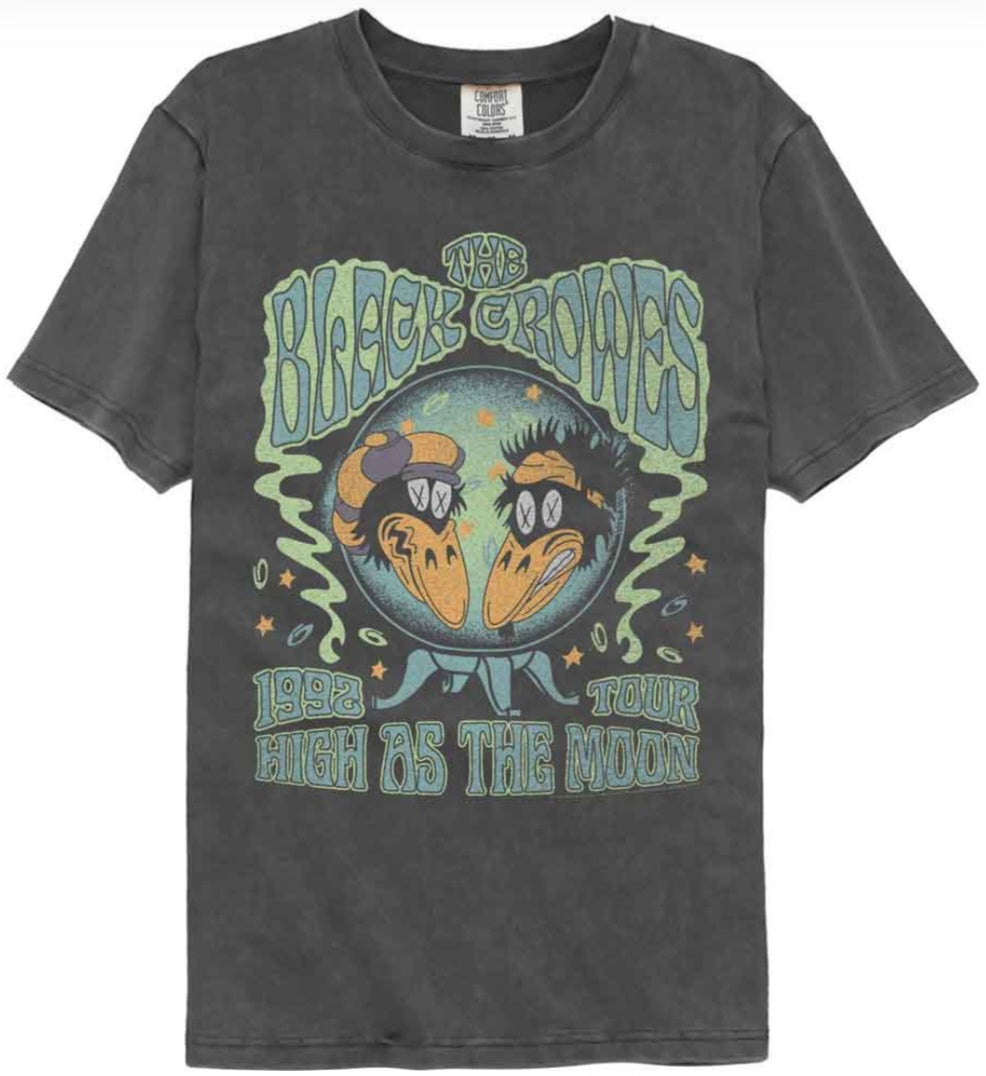 Dark gray graphic t-shirt with band logo and oval album-style artwork on front
