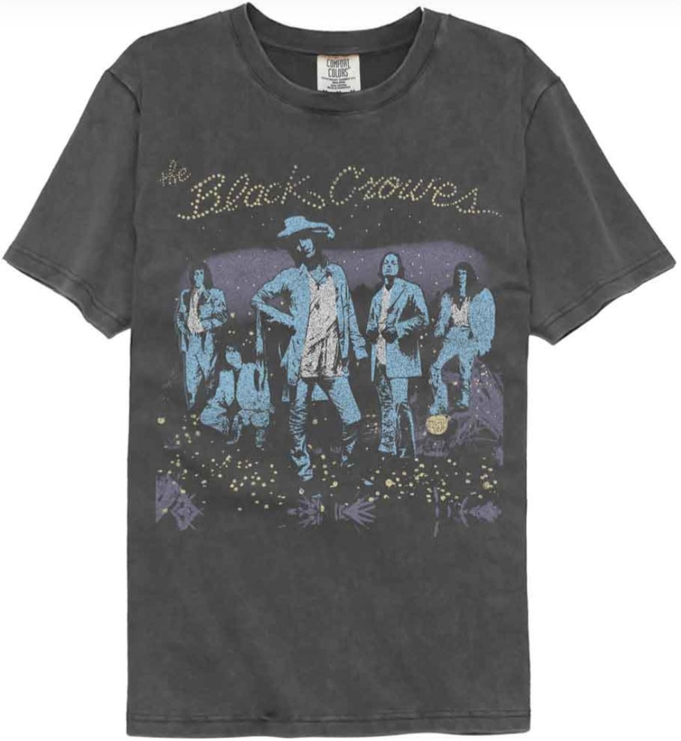Dark gray crew-neck T-shirt with large front band graphic and logo text