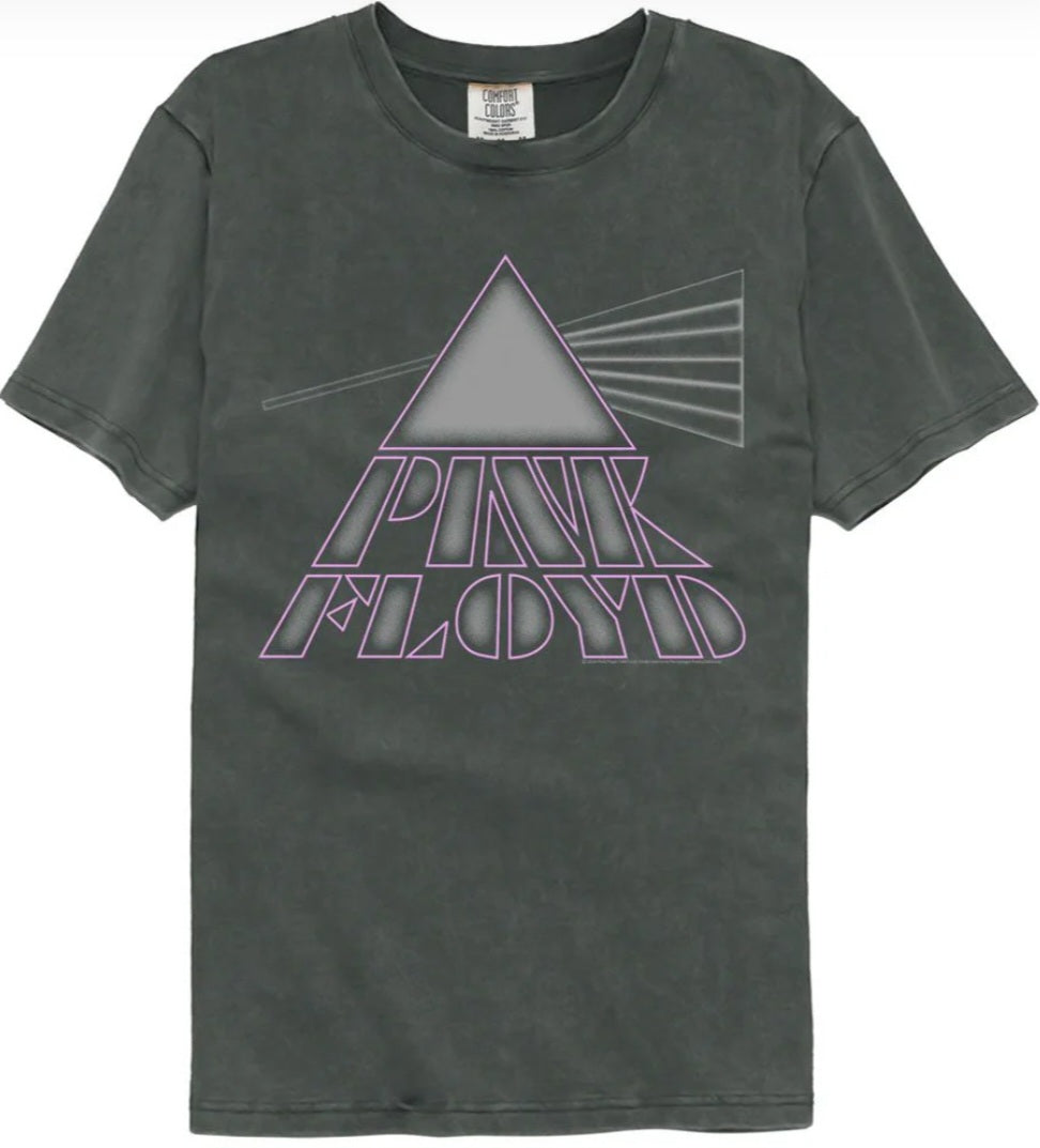 Dark gray crewneck T-shirt with large purple band-style front graphic
