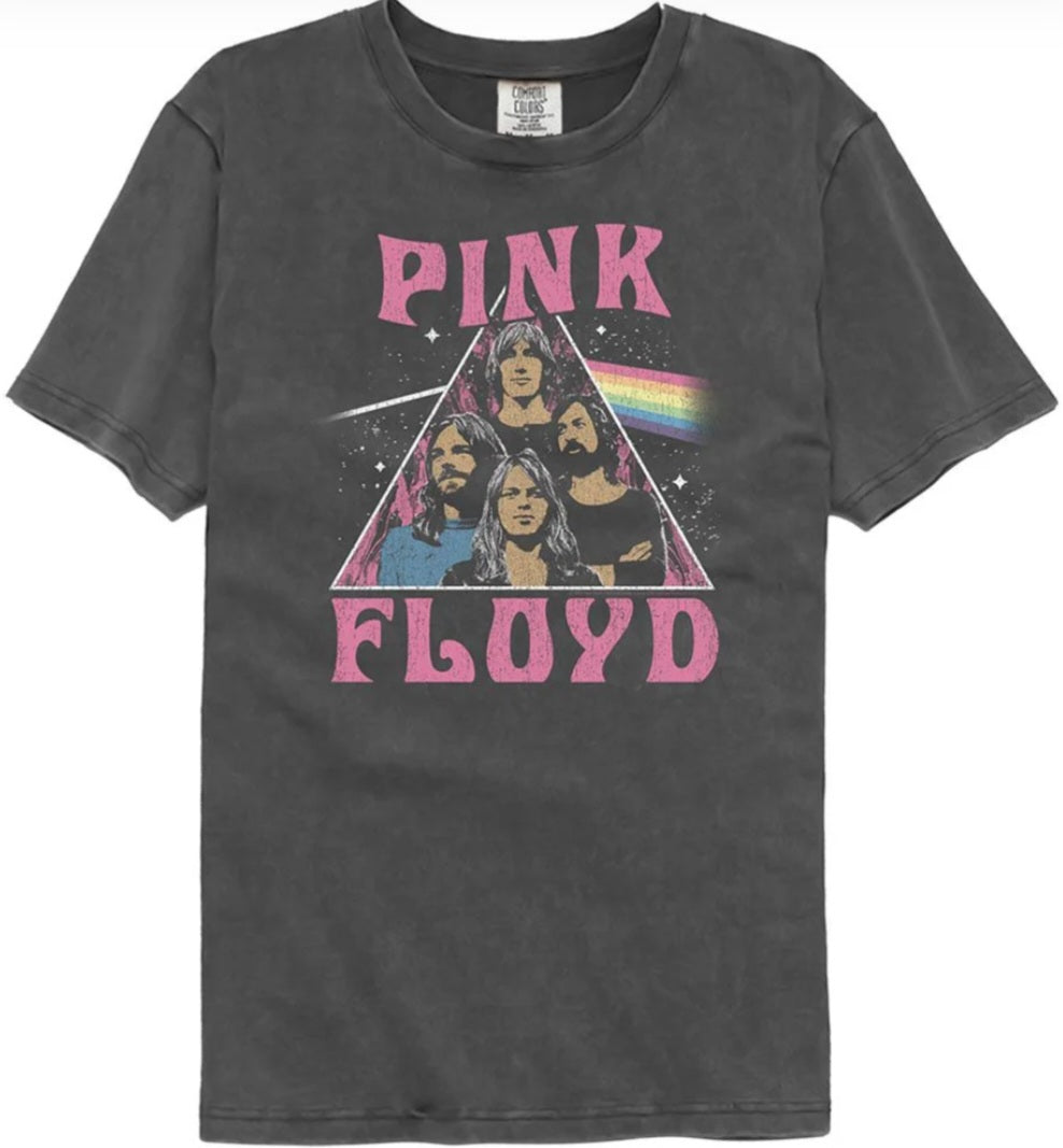 Dark gray crew-neck graphic T-shirt with pink Pink Floyd triangle front print