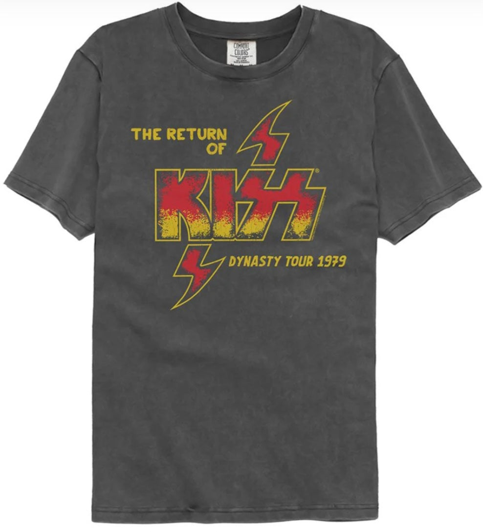 Dark gray crewneck T-shirt with colorful Kiss Dynasty Tour front graphic