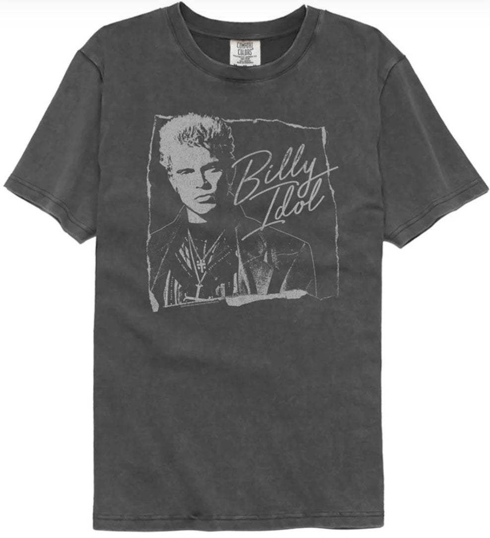 Charcoal crewneck T-shirt with front portrait graphic and 'Billy Idol' text