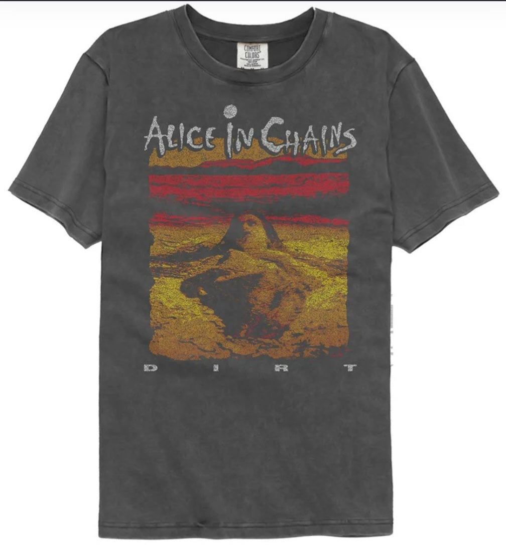 Dark gray graphic T-shirt with distressed band logo front print