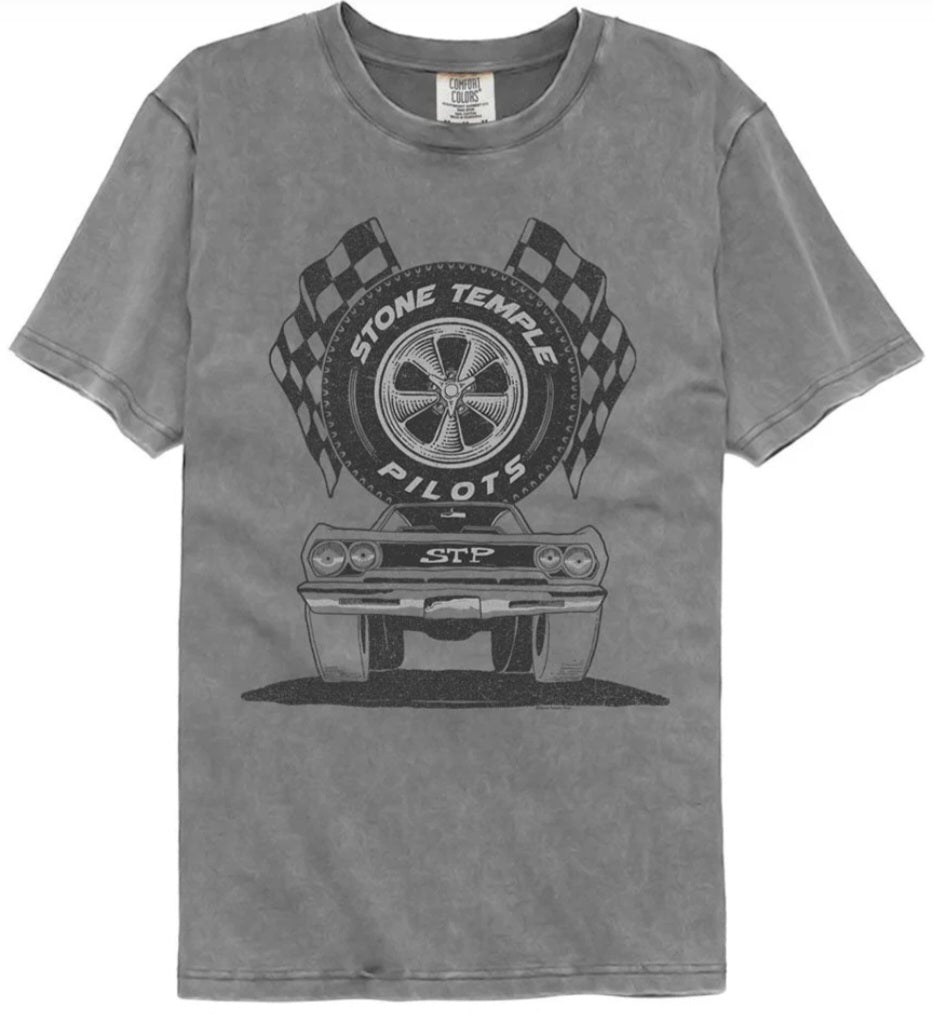 Gray crewneck T-shirt with front circular band logo graphic