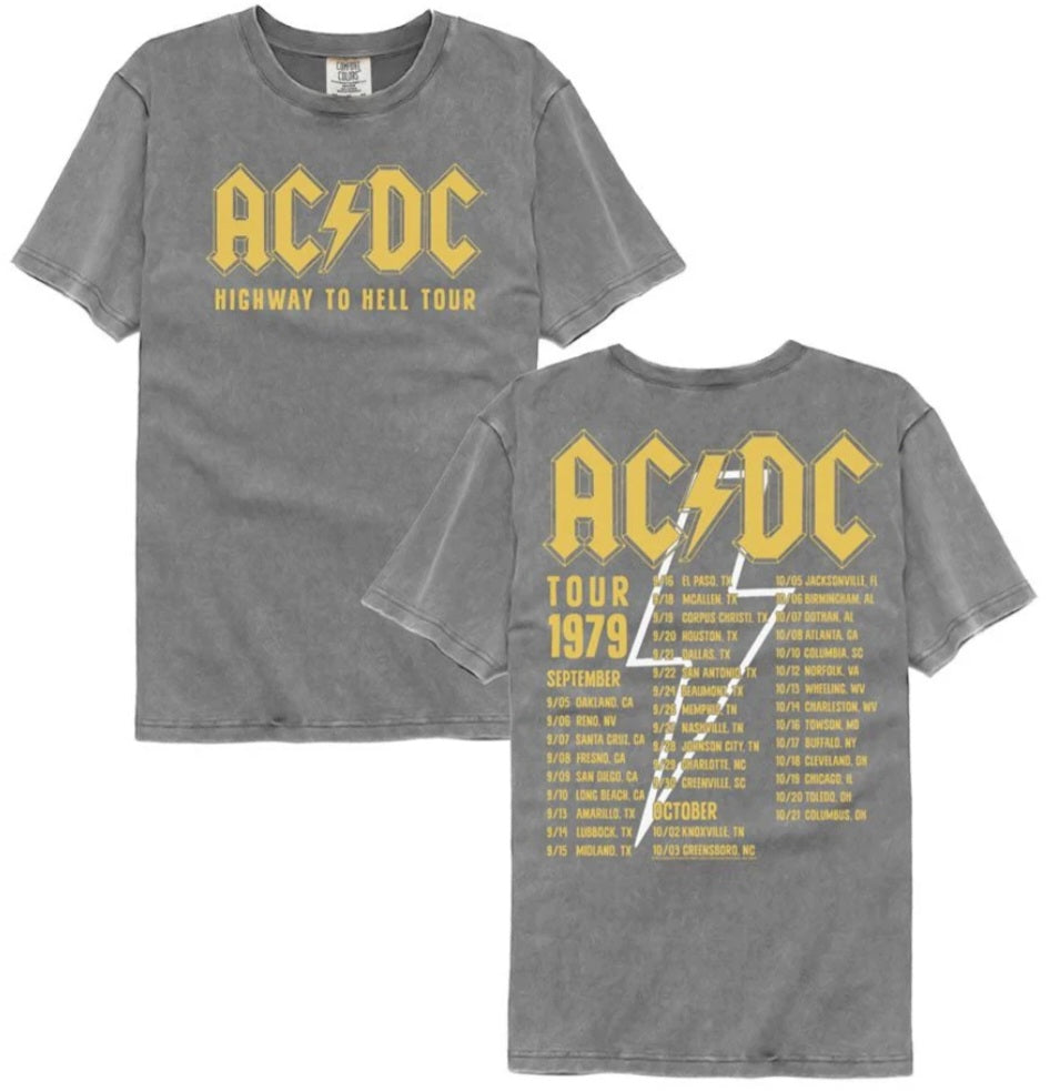 Gray AC/DC Highway to Hell tour T-shirt with front logo and back list print