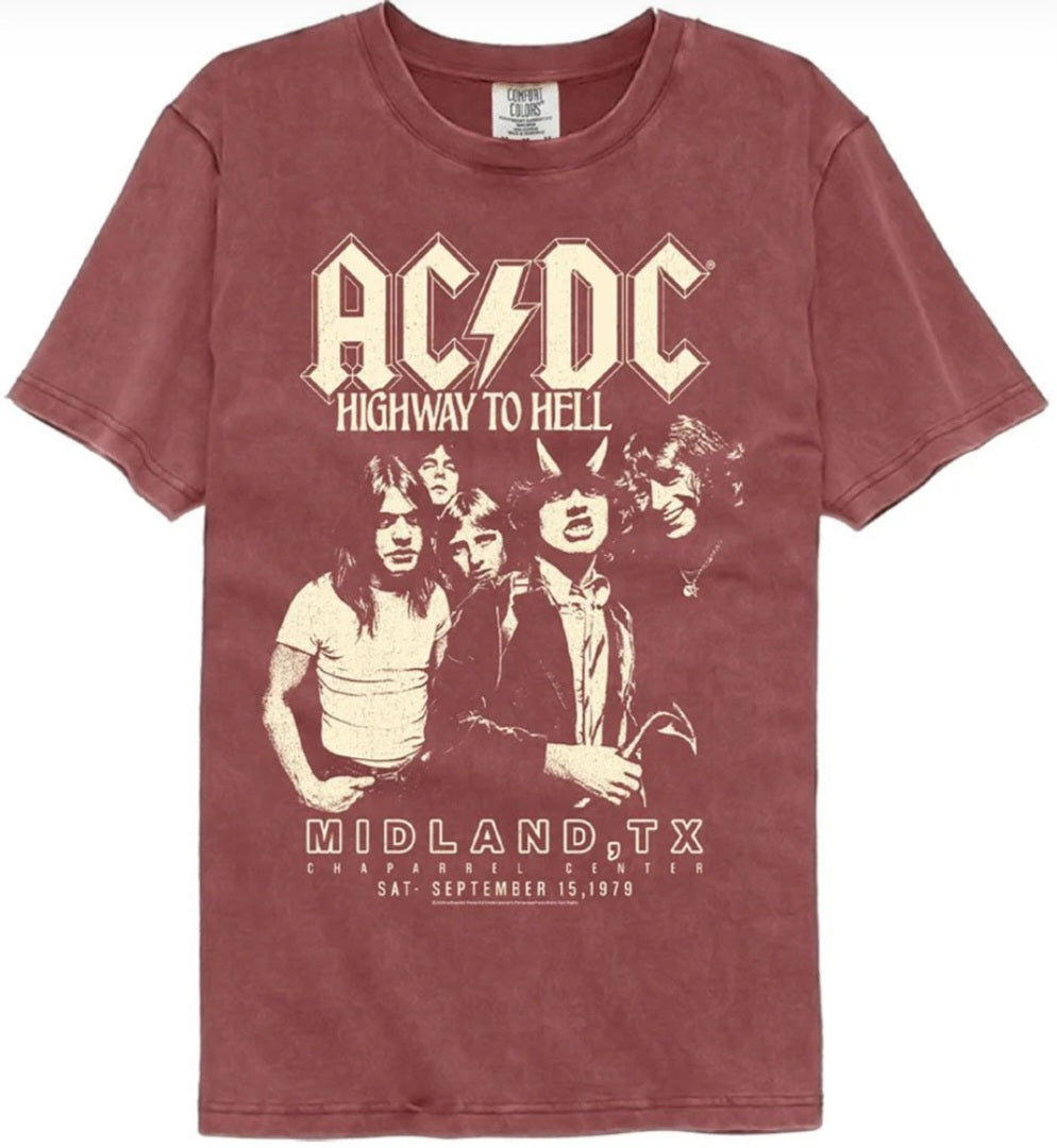 Brick red AC/DC T-shirt with large front band graphic and lettering