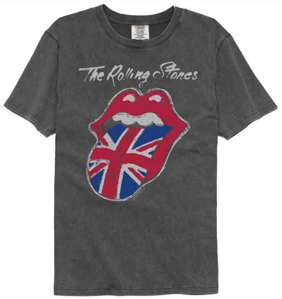 Dark gray T-shirt with Rolling Stones tongue and Union Jack graphic on chest