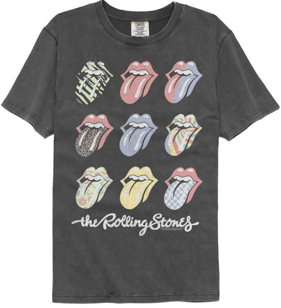 Dark gray short-sleeve crewneck T-shirt with colorful Rolling Stones mouth graphics