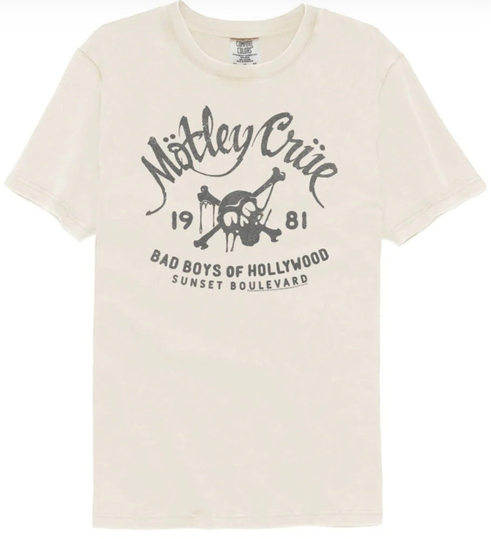 Ivory short-sleeve t-shirt with Motley Crue Bad Boys of Hollywood graphic