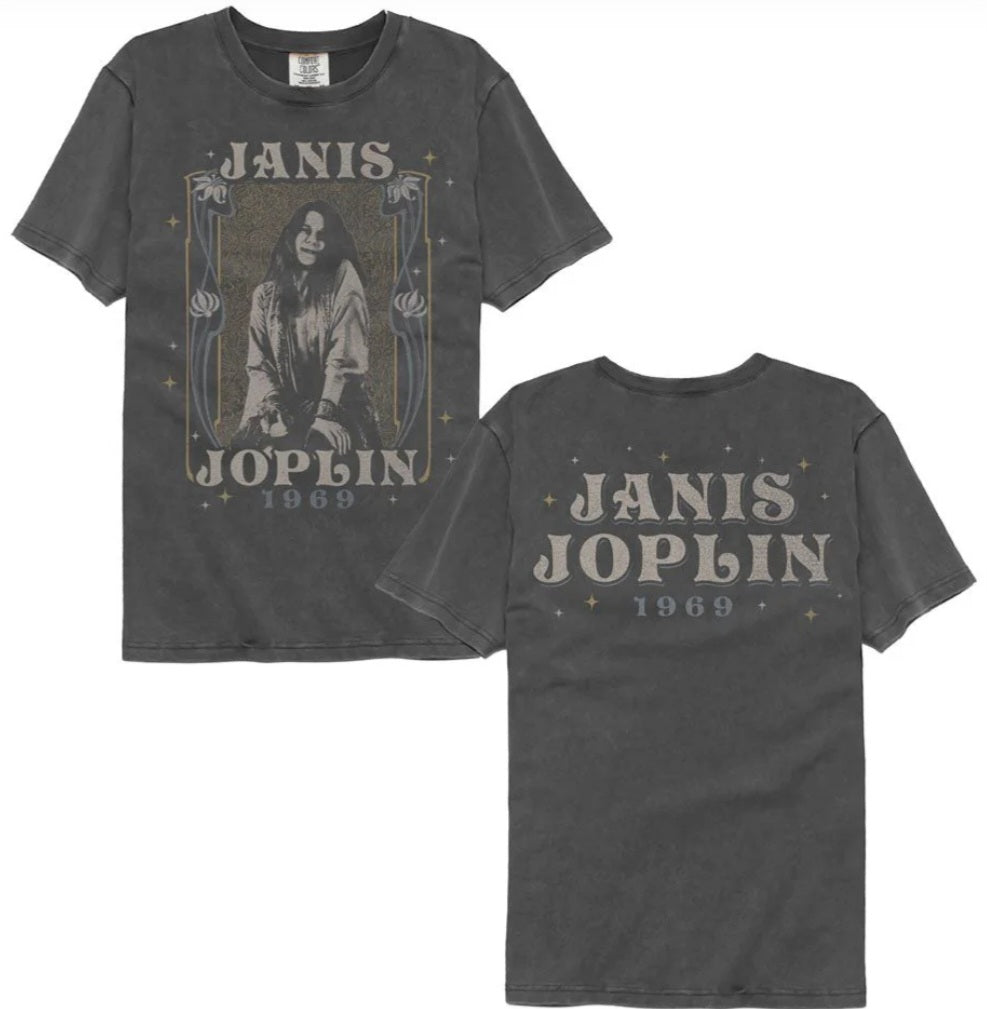 Dark gray crewneck T-shirt with large Janis Joplin 1969 front graphic