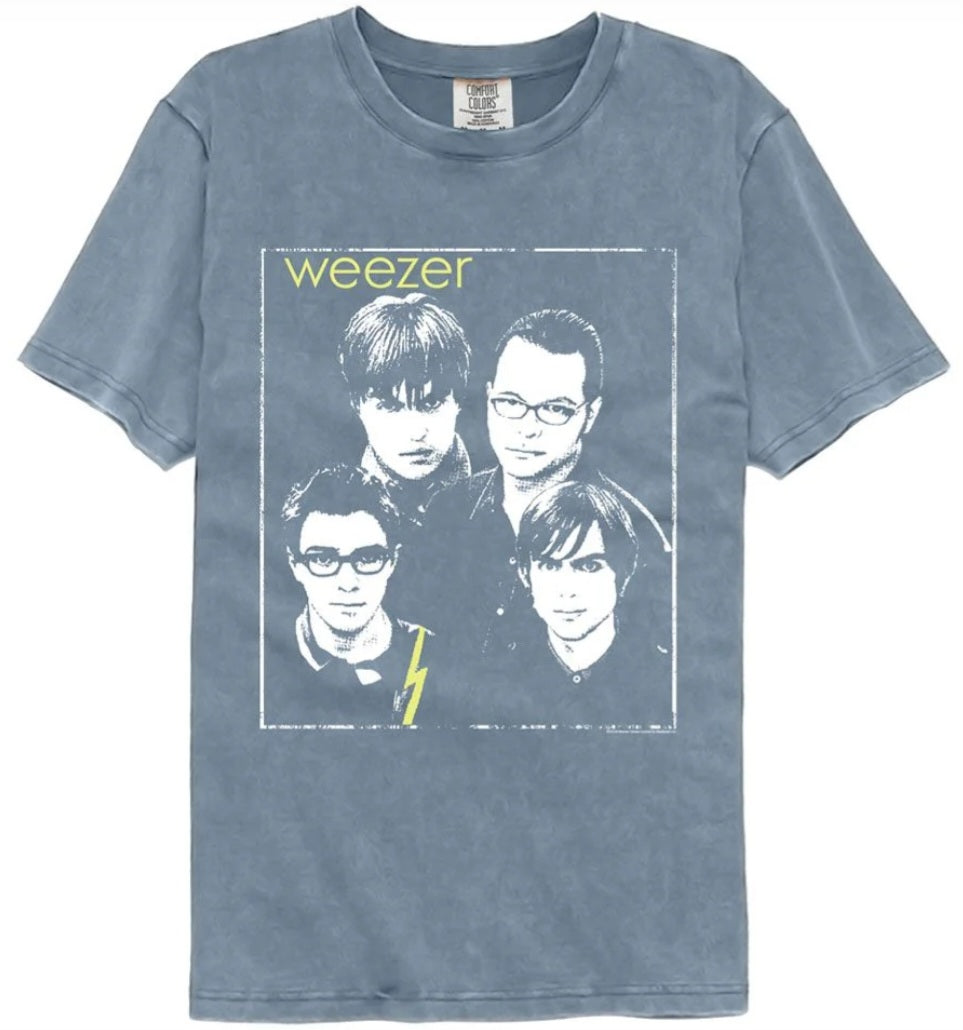 Blue short-sleeve graphic T-shirt with Weezer band portrait and logo print