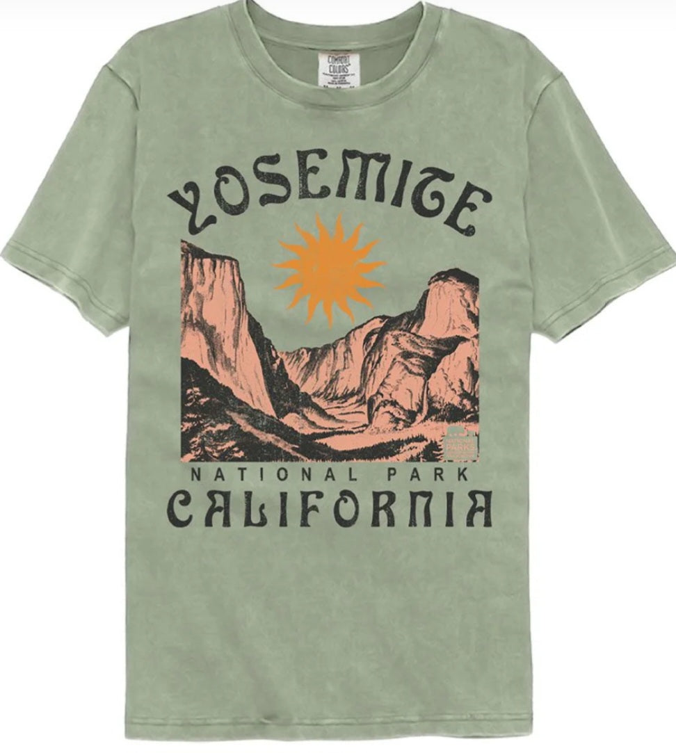 Green Comfort Colors T-shirt with Yosemite graphic and National Park California text