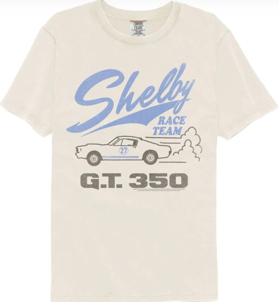 Ivory crewneck T-shirt with Shelby race team and GT-350 car graphic