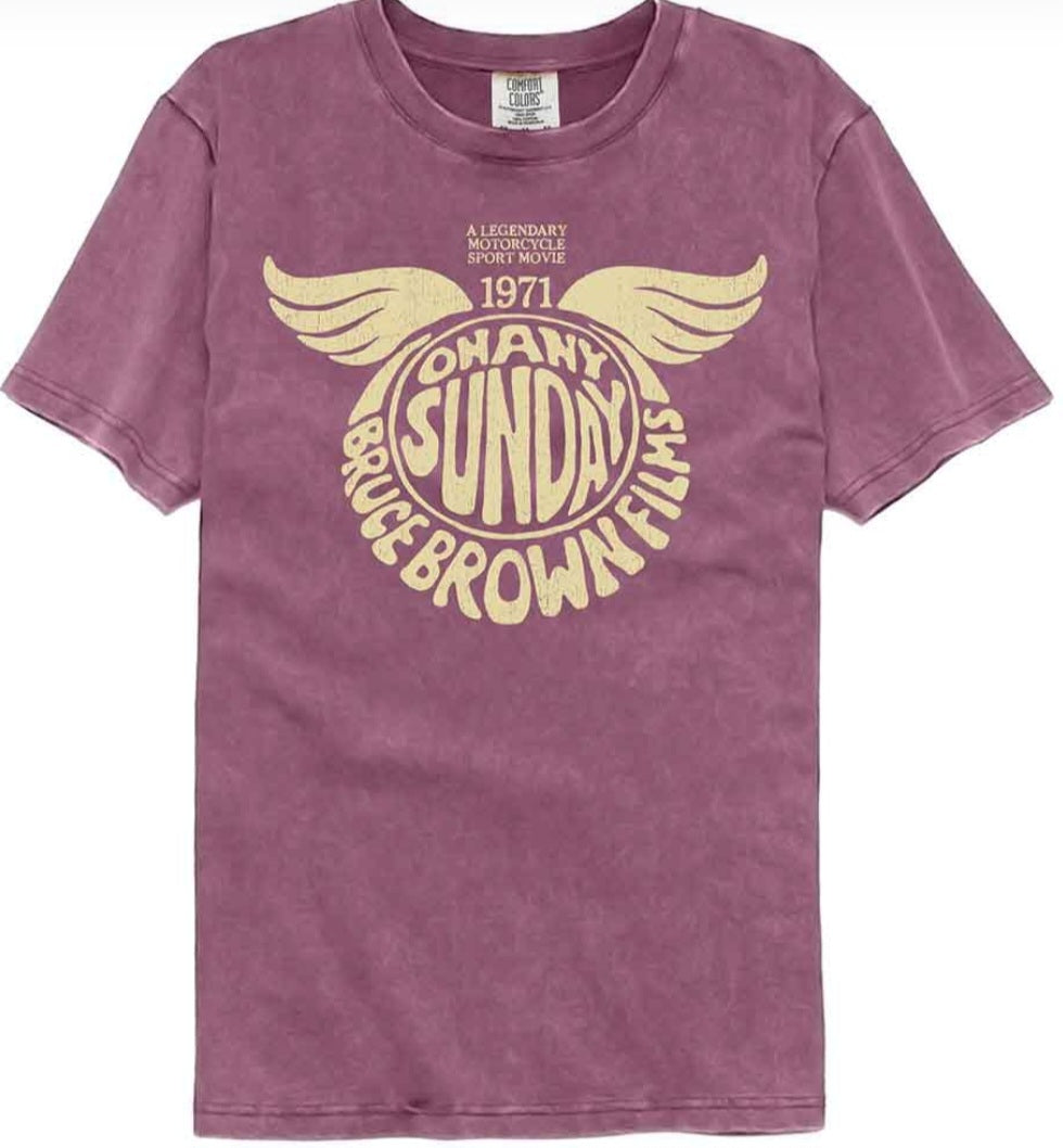 Purple crewneck graphic T-shirt with yellow 'On Any Sunday' emblem on front