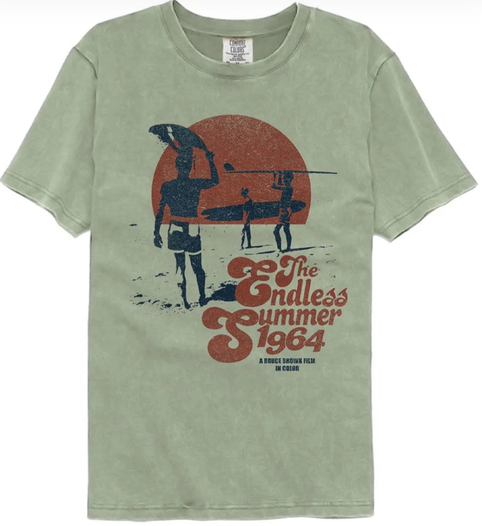 Light green T-shirt with front poster graphic and Endless Summer 1964