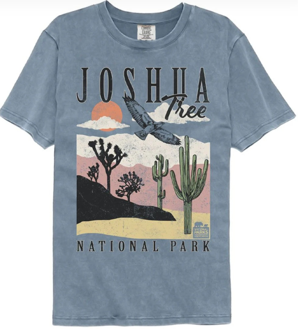 Blue graphic T-shirt with Joshua Tree National Park logo front print