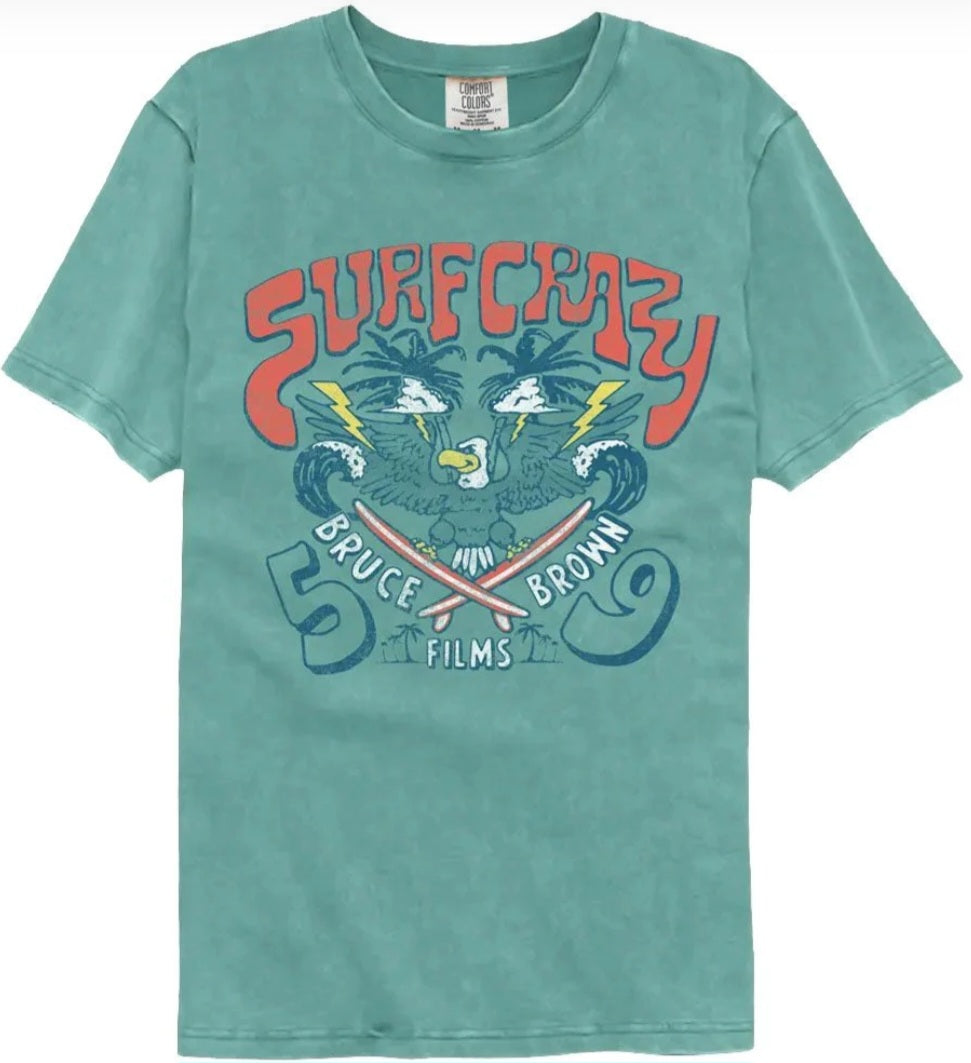 Seafoam green crewneck T-shirt with Surf Crazy graphic front
